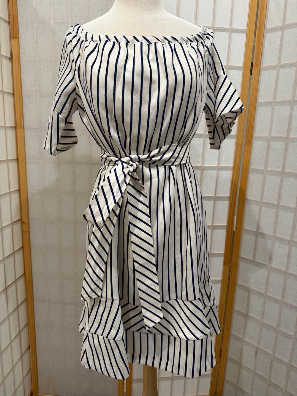Banana Republic White & Navy Striped Off-Shoulder Midi Dress